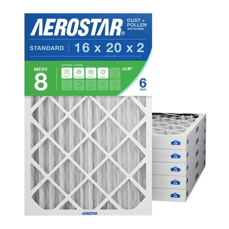 Aerostar 16x20x2 MERV 8 Air Filter, 6 Count, ACTUAL SIZE (15.50 x 19.50 x 1.75 ), HVAC, Air Conditioning & Furnace Filter Captures Dust, Lint & Pollen (MPR 600 / FPR 5) - Image 1